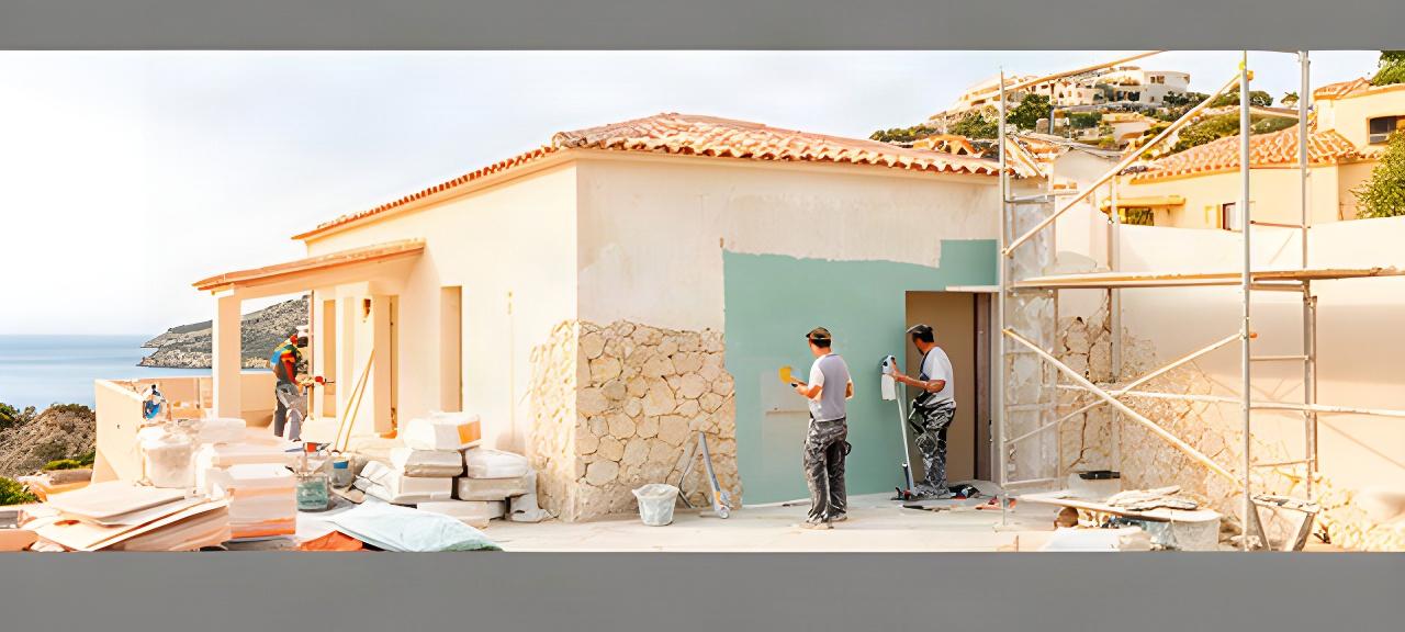 Cantiere di ristrutturazione di una casa mediterranea a Olbia con tecnici al lavoro e pareti in fase di rinnovo