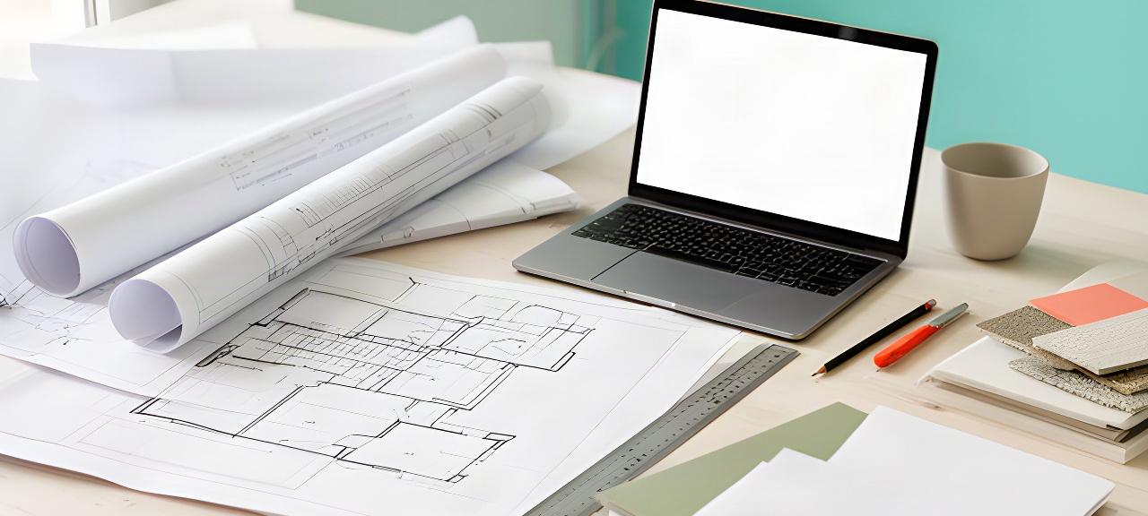 Tavolo di lavoro con planimetrie residenziali, laptop e documenti ordinati in uno studio di progettazione a Olbia
