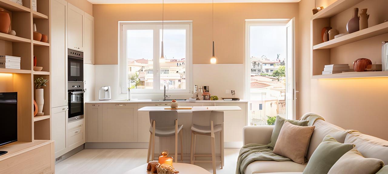 Ristrutturazione di un appartamento a Olbia con cucina aperta, pavimento chiaro e pareti color sabbia