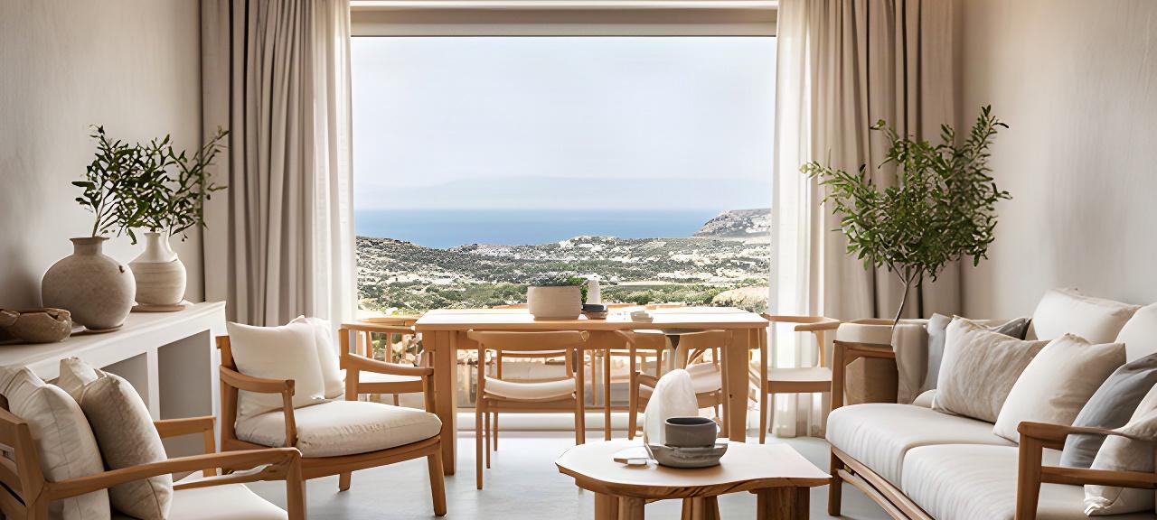 Interno di casa a San Teodoro con arredi in legno, tessuti naturali e vista sul paesaggio sardo