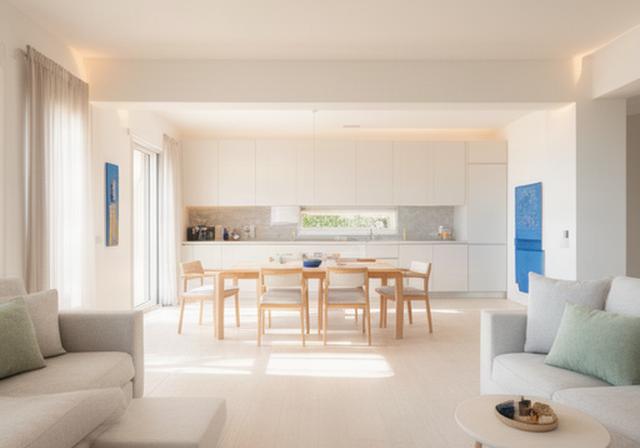 Soggiorno ristrutturato a Olbia con cucina aperta, pavimento chiaro e luce naturale