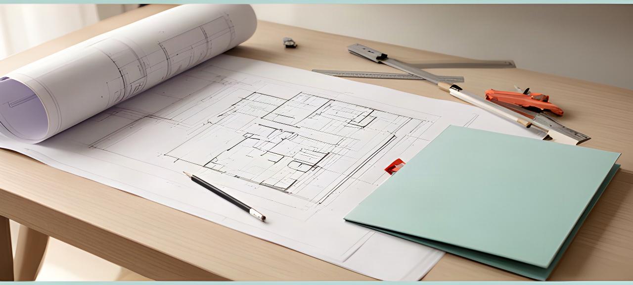Scrivania con planimetrie architettoniche, matita e fascicolo legale in uno studio di progettazione a Olbia