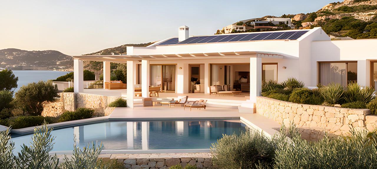 Villa moderna a Porto Rotondo con facciata bianca, piscina e vegetazione mediterranea
