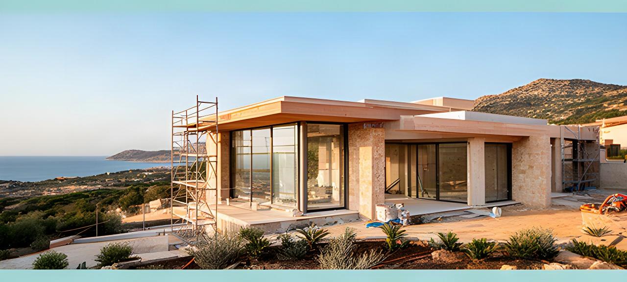 Casa contemporanea in costruzione sulla costa di Olbia con ampie vetrate e materiali naturali