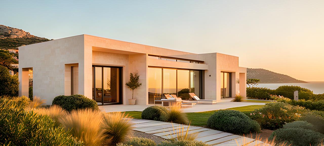 Villa moderna in Sardegna con grandi vetrate, pietra chiara e giardino mediterraneo al tramonto