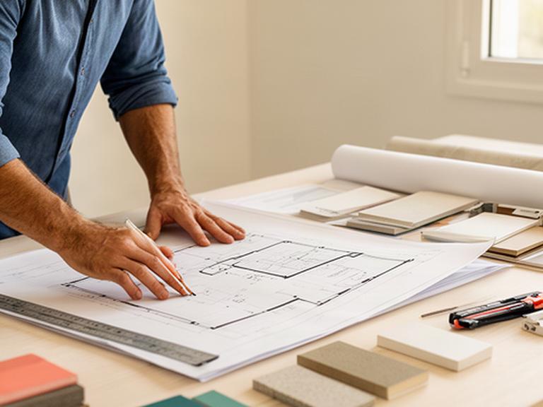Professionista di Franco's Architettura mentre consulta planimetrie architettoniche su un tavolo di lavoro a Olbia