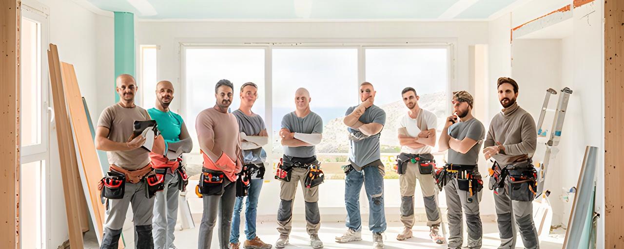 Team di professionisti di Franco's Architettura riunito in un cantiere residenziale luminoso a Olbia