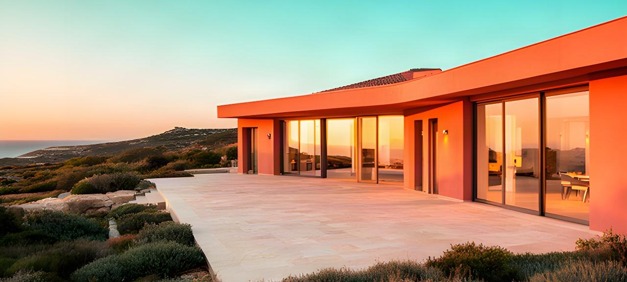Casa contemporanea in Sardegna con grandi vetrate, patio in pietra e luce calda al tramonto